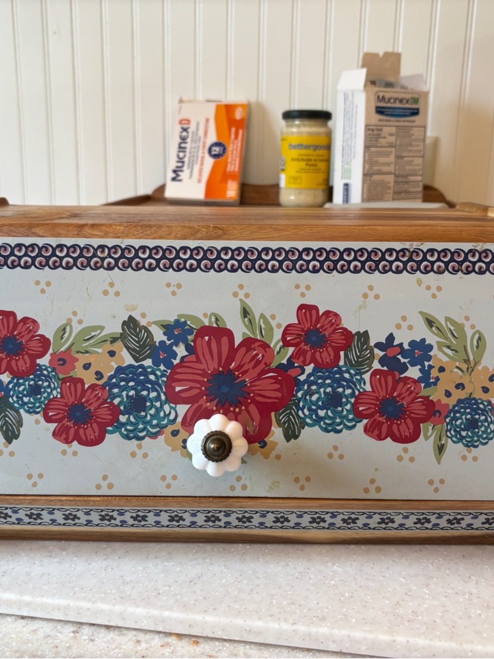 The Pioneer Woman Floral Wood Bread Box in Red Blue and Cream